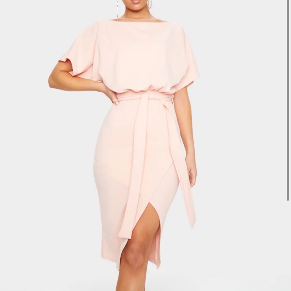 PRETTYLITTLETHING Nude Wrap Front Kimono Sleeve Midi Dress